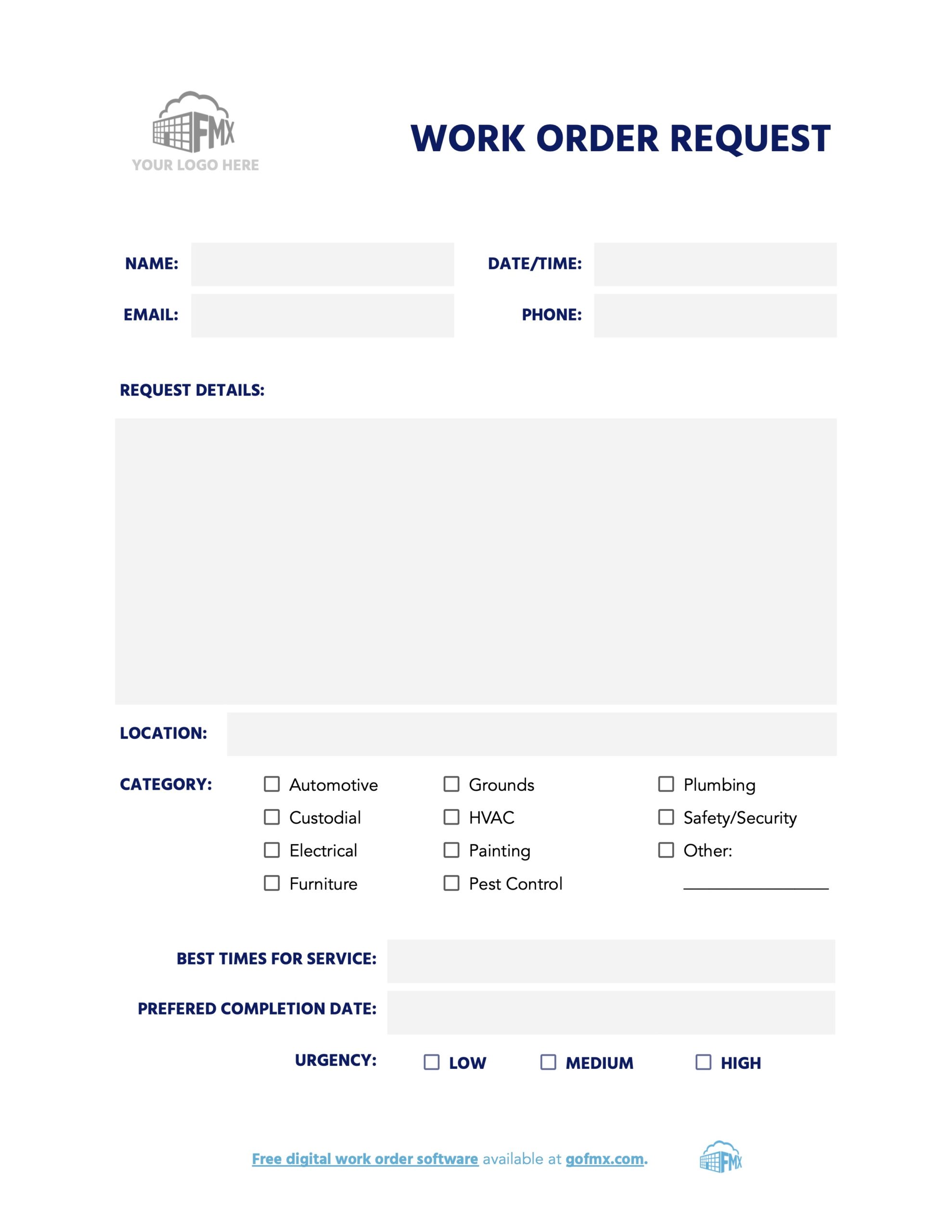 Maintenance Work Order Form free Downloadable Template Fmx Free