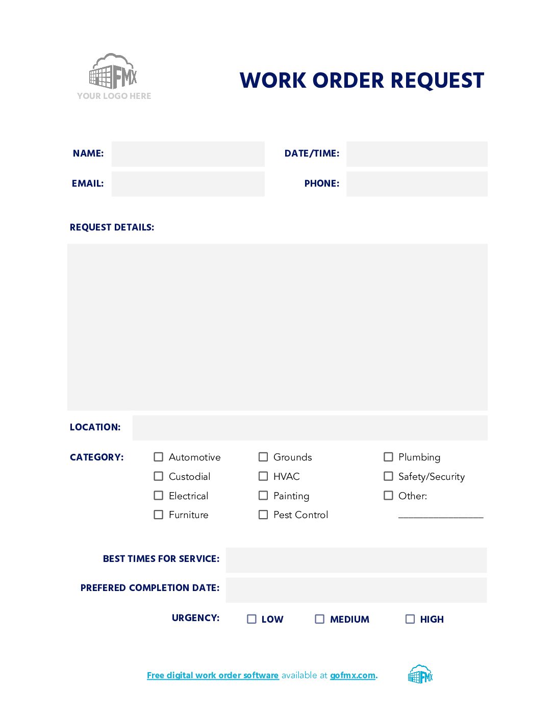 Maintenance Work Order Form Free Printable Template FMX